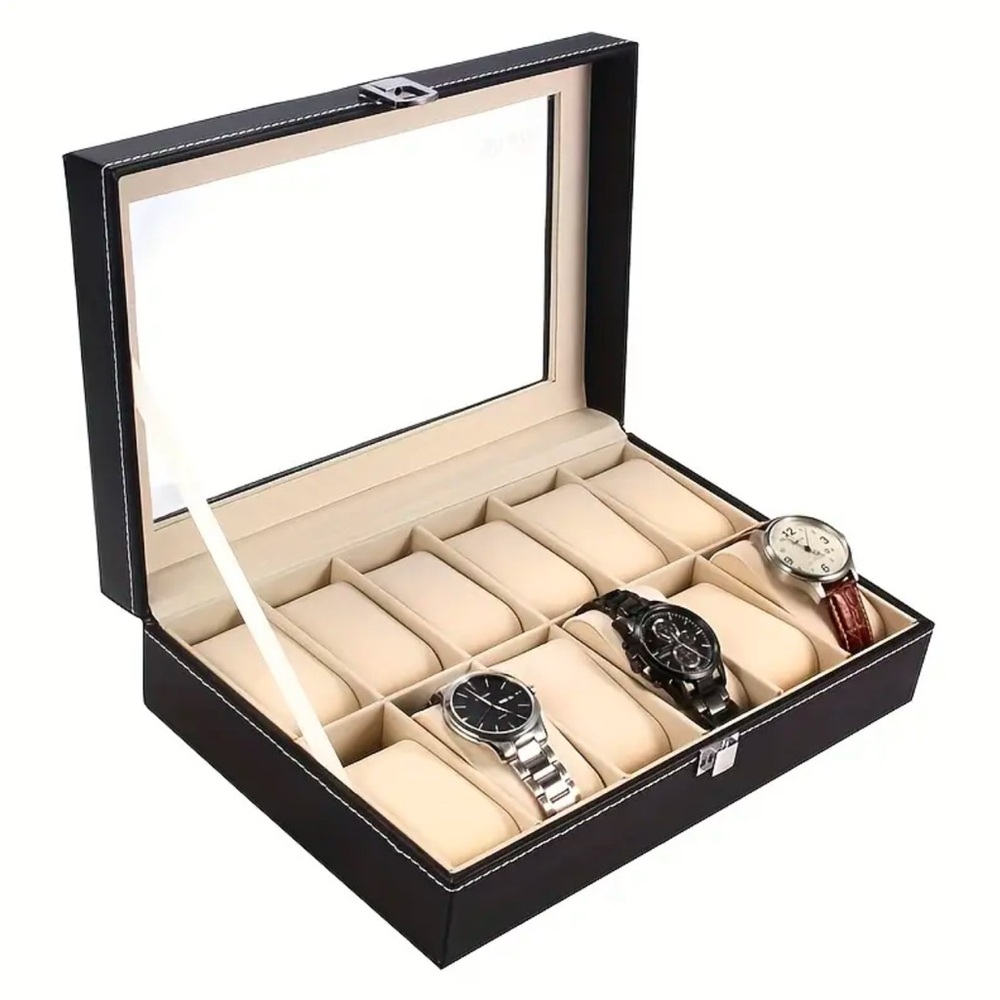 NEW 12Compartment Watch Storage Box-Glass Lid &Metal Clasp - Picture 6 of 8